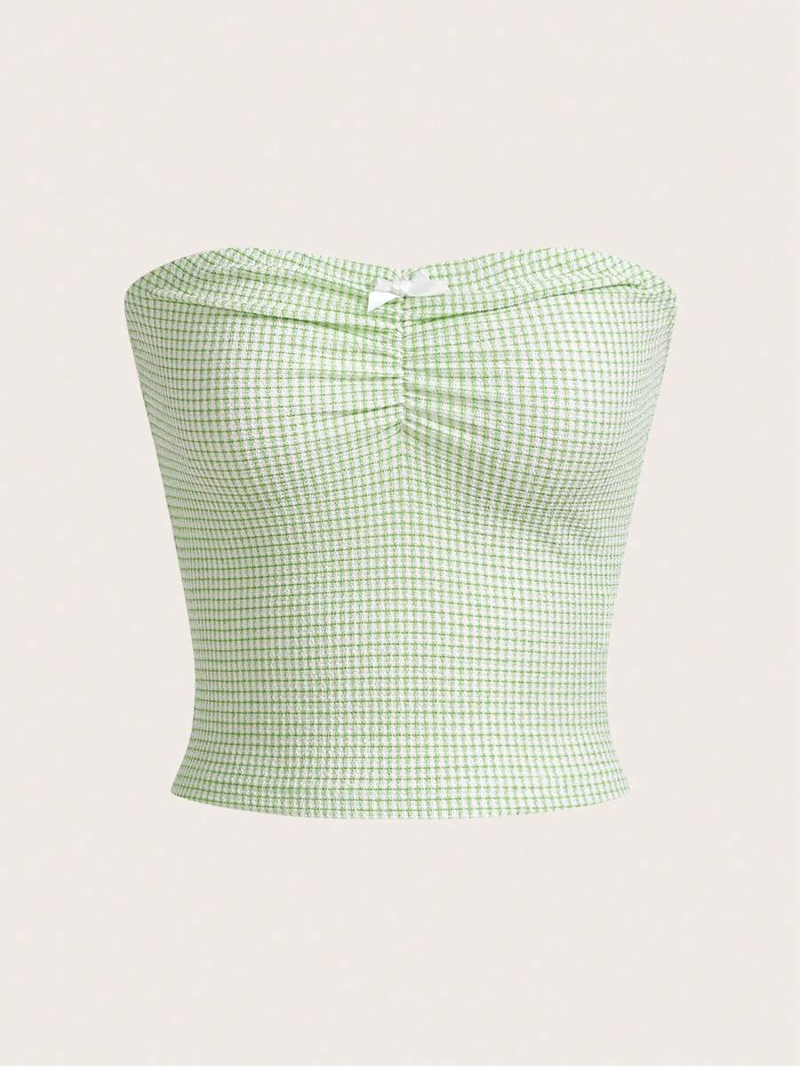 SHEIN EZwear 夏季休閒格子印花緊身無肩帶胸前褶皺管型上衣 - 綠色 - 查看 1