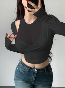 DAZY 2 In 1 Short Cut Slim Fit Long Sleeve T-Shirt, Spring Casual Style - Dark Grey - View 1