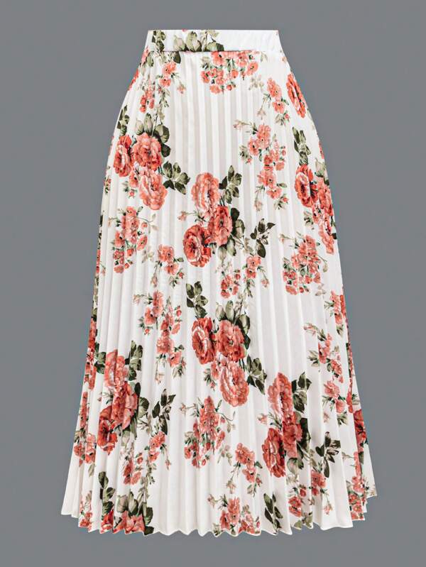 EMERY ROSE Plus Size Floral Print Casual Holiday Style Pleated Skirt Maxi Women Outfit