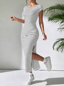 SHEIN EZwear Summer Striped Side Slit Backless Slim Fit Dress - Black and White - View 4