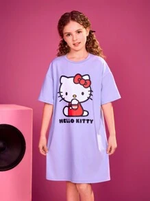 HELLO KITTY AND FRIENDS | SHEIN Tween Girls' Cute And Casual Cartoon Letter Printed Purple T-Shirt Dress - Purple - View 5