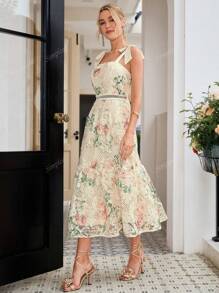 Simplee Women's Spaghetti Strap Lace Print Elegant Dress, Party Gown, Wedding Guest Dress, Birthday Outfit
