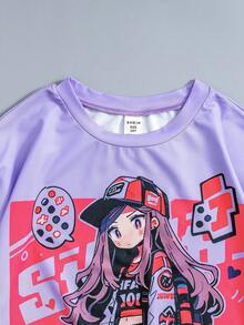 Camiseta De Manga Corta Con Estampado De Dibujos Animados Para Niñas Adolescentes, De Moda Para La Primavera Y El Verano - Púrpura malva - Ver 4