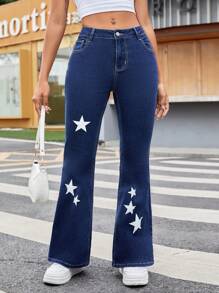 SHEIN EZwear Jeans Acampanados Para Uso Diario Con Patrón Impreso De Estrellas Para Mujeres - Azul lavado oscuro - Ver 1