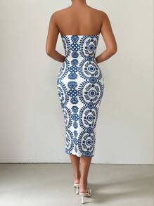 Selianne Summer Casual Strapless Bodycon Print Dress - Blue - View 2