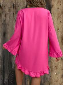 SHEIN Holidaya Kích thước lớn Của phụ nữ Màu hồng Cổ chữ V Viền Ruffle Tay áo loe Đầm - Màu Hồng Tươi - Xem 2