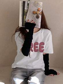 DAZY Women's Short Sleeve T-Shirt With Large Letter Print And Patchwork Design - White - View 4