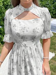 Modelyn 女裝印花氣泡袖裝，適用於夏季度假旅行 - 黑色 - 查看 4