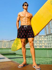Manfinity Swimmode Men Drawstring Waist Pocket Fruit Print Beach Shorts (Random Cutting) - Black - View 4