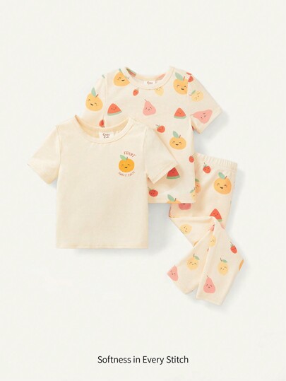 Cozy Pixies Baby Girls' Snug Fit Pajama Set With Fruit Print Round Neck Short Sleeve T-Shirt And Pants, 3pcs Matching Set