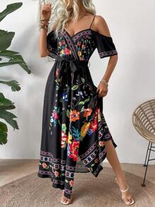 EMERY ROSE Vacation-Style Open Shoulder Printed Sundress Maxi Women Outfit - Multicolor - View 3