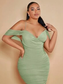 SHEIN BAE Vestido de tirantes finos con pliegues de unicolor talla grande, vestidos de cumpleaños para mujeres - verde menta - Ver 6