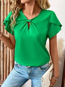 SHEIN Clasi Women's Solid Color Petal Sleeves Casual Shirt - Green - View 1
