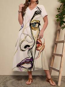 EMERY ROSE 女士夏季休閒抽象印花大碼連衣裙，附有口袋