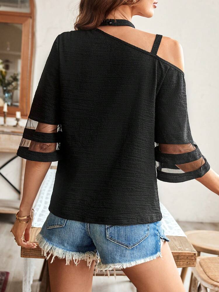 Open Shoulder Mesh Panel Women Shirt With Metal Buckle Shoulder Straps