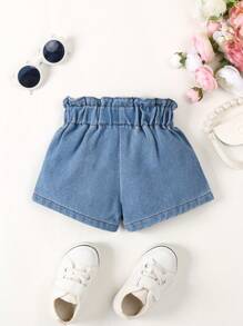 Baby Girls' Bowknot Detail Paper Bag Waist Denim Shorts, Spring/Summer - Light Wash - View 2