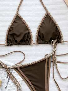 Swim Vcay 女士度假夏季沙灘印花頸吊掛比基尼，2件套裝 - 棕色 - 查看 3