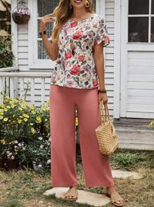 EMERY ROSE Bộ đồ hai mảnh in hoa cổ tròn thời trang tay ngắn cho nữ và quần thường ngày - Nhiều màu - Xem 2