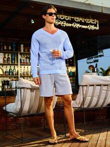 Manfinity Homme Men's Hollow Out V-Neck Sweater - Blue - View 6