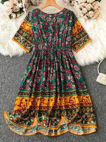 Breezaya Kích thước lớn Cổ chữ V Retro In Phong cách Bohemian Mùa xuân/Mùa hè Kỳ nghỉ Đầm - Màu xanh lá cây đậm - Xem 2