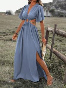 SHEIN Clasi 女式深V領荷葉袖連鎖裝飾洋裝，空心設計，高開叉，非常適合度假 - 藍色 - 查看 4