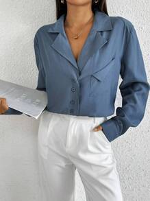 Seusyu Women's Fashion Solid Color Long Sleeve Blazer - Blue - View 3
