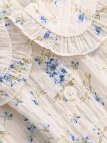 DAZY Peter Pan Collar Floral Bubble Short Sleeve Textured Shirt Summer