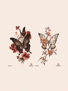 2入組蝴蝶和花卉紋身貼紙,防水暫時性紋身貼紙 - 粉色 - 查看 5