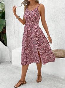 SHEIN Frenchy 全印花高衩搖擺裙細肩帶夏季連衣裙 - 紅色 - 查看 4