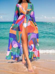 SHEIN Swim Summer Allover Print Ruffle Hem Kimono - Multicolor - View 1