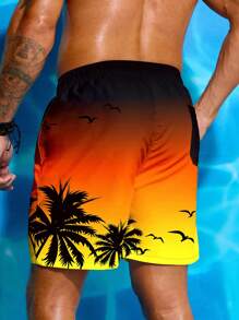 Zalmeno Men's Palm Tree Printed Beach Shorts,Hawaiian - Yellow - View 2