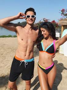 Manfinity VDAYZ 1 件男士简约拼色抽绳泳裤沙滩短裤情侣装度假泳装，夏威夷风 - 黑色 - 查看 12