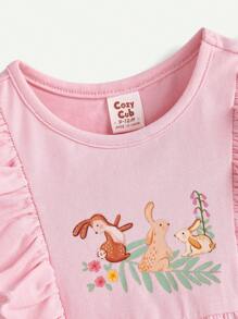 Conjunto de 2 piezas para bebé niña: vestido de cuello redondo con estampado de dibujos animados de plantas, con volantes y mangas abullonadas
