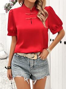SHEIN LUNE Camisa De Manga Corta Con Cuello Alto, De Color Sólido Y Botones Frontales Para Verano - Rojo - Ver 1