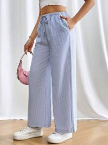 SHEIN PETITE 帶口袋的條紋和印花束腰長褲 - 藍白色 - 查看 4