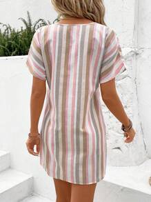 Chouyatou Women's Striped Short Sleeve Shirt Dress – V-Neck Midi Beach Dress, Casual Summer Wear