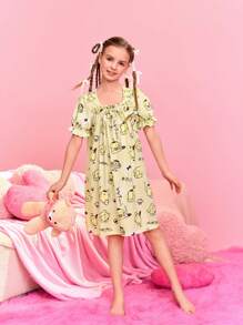 HELLO KITTY AND FRIENDS | SHEIN Tween Girl's Cute Square Neck Cartoon Printed Nightgown With Knot And Ruffle Trim