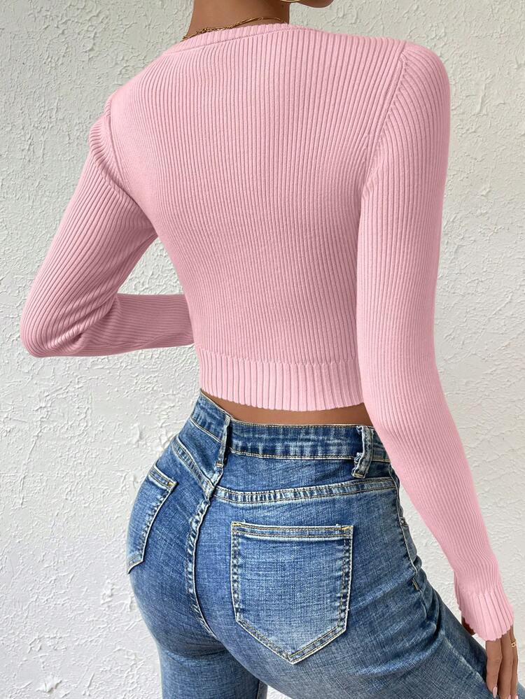 Casual Short Knitted Sweater With Round Neck And Ribbed Design, Fall Winter