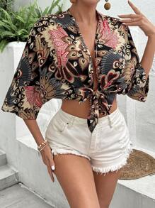 SHEIN VCAY Summer Vintage Printed Batwing Sleeve Cropped Blouse - Black - View 3