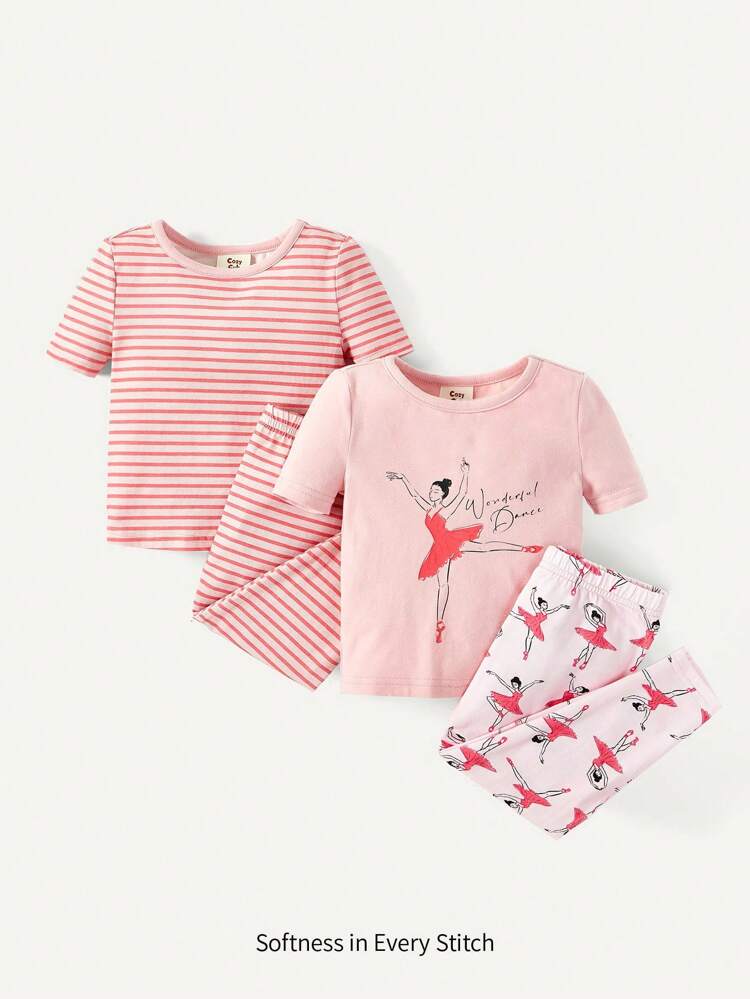 Baby Girl Snug Fit Character Stripe Print Short Sleeve Top And Long Pants Home Wear Set, 4pcs Matching Set