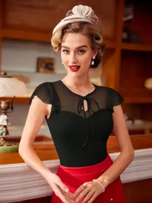 Vintamour Mesh Panel Ruffle Sleeve Round Neck Tee With Tie Summer Clothes Old Money Aesthetic Women Tops Teacher Tops Crew Neck Valentine Day Summer Bow Crop Tops Going Out Tops Women Birthday Outfits For Women Business Casual Woman Valentine's Day Cute Tops Lace Top Tops Valentine Day Summer Outfits For Women