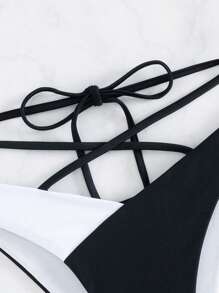 SHEIN Swim 女士绷带拼色时尚泳装比基尼泳裤，适合海滩或泳池夏季 - 黑與白 - 查看 5