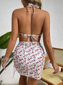 SHEIN Swim 女士 3 件套白色樱桃印花性感比基尼套装可爱时尚休闲比基尼套装（单独出售），夏季海滩 - 彩色 - 查看 2