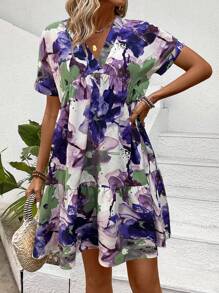 SHEIN LUNE Summer Floral Print Short Sleeve Vacation Dress - Multicolor - View 6