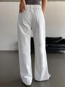 DAZY Solid Color Wide Leg Jeans With Slanted Pockets And Frayed Hems, Suitable For All Seasons