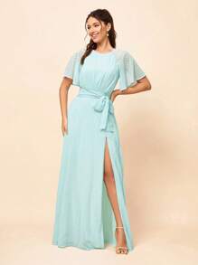 SHEIN Belle Elegant,Light Blue,Spring,Bridesmaid,Wedding Chiffon Dotted Dress, Backless Bow Tied See-Through Flying Sleeves High Slit A-Swing Prom Graduation - Green - View 7