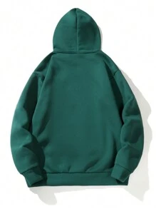 Manfinity Homme Men Solid Color Drooping Shoulder Long Sleeve Hooded Casual Sweatshirt, Fall - Dark Green - View 2