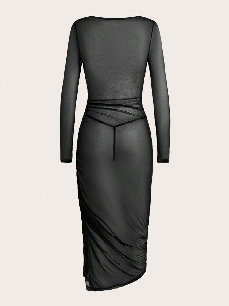 Women's Ruffle Pleated Sheer Mesh Sexy Lingerie Dress