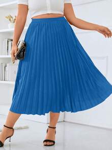 Celure 大尺碼純色褶皺簡約a字裙,適用於日常穿著 - 藍色 - 查看 4