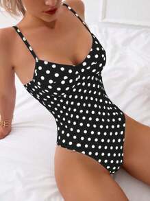 SHEIN Swim Đồ bơi một mảnh thời trang dành cho nữ đi biển mùa hè, in họa tiết chấm bi, in ngẫu nhiên - Đen và trắng - Xem 3